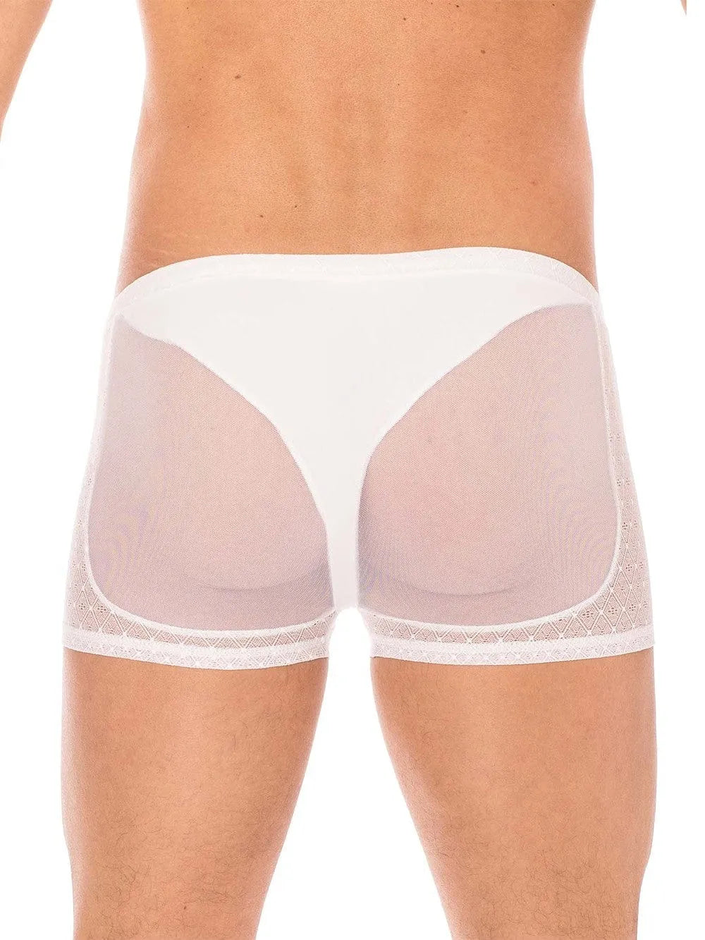 Boxer transparent homme blanc LOOKME, résille fine et dentelle élégante, confort optimal, 80% polyamide, 20% spandex.
