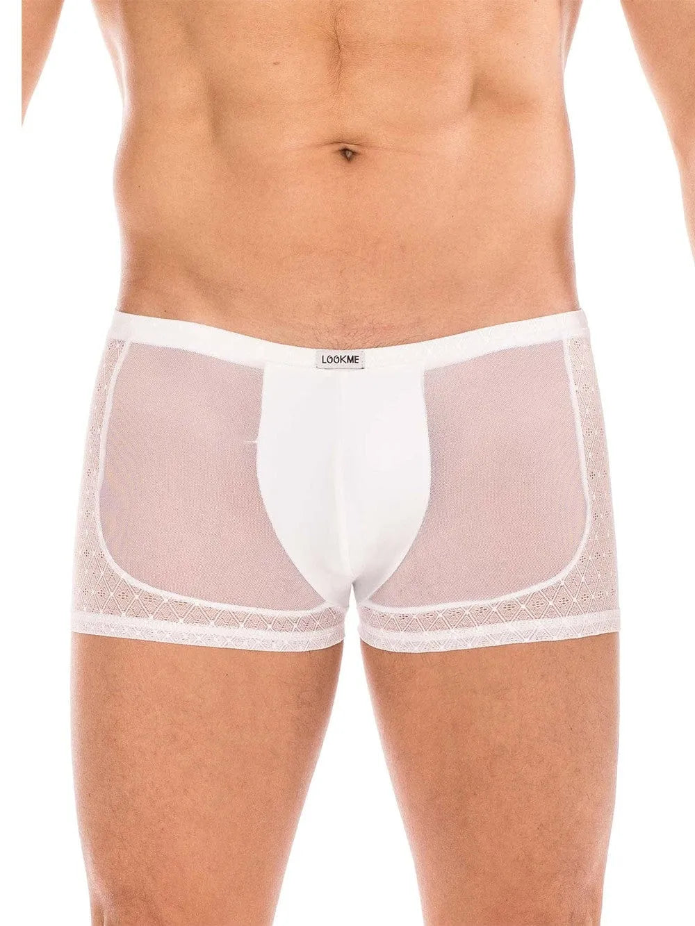 Boxer transparent blanc pour homme en résille et dentelle, LOOKME, élégant et confortable, 80% polyamide, 20% spandex.