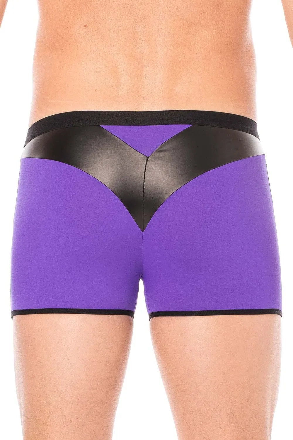 Boxer violet avec bande simili cuir noire en pointe, design élégant et confortable, vue arrière.