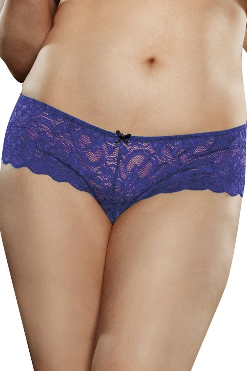 Boyshort en dentelle violette avec nœud satin, taille élastique, design élégant et confortable, idéal pour toutes occasions.