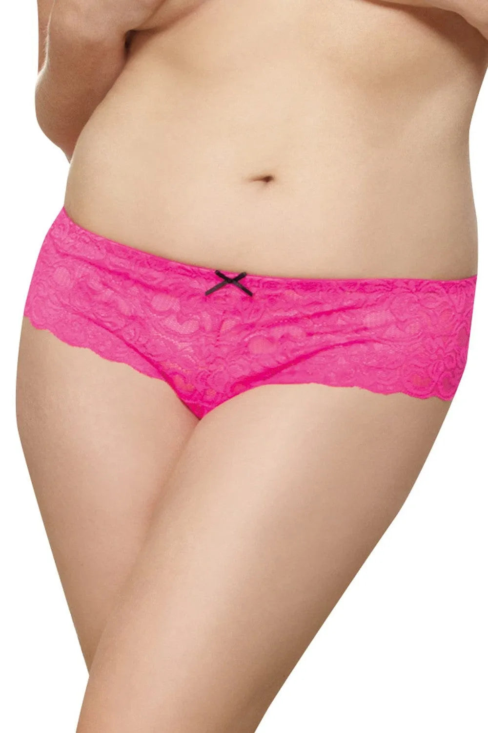 Boyshort rose en dentelle fine avec nœud satin noir, taille élastique, épouse les courbes, élégant et confortable.