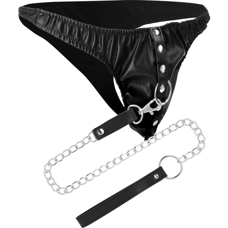 Bracelet BDSM noir en cuir végétalien avec chaîne robuste et coutures élégantes, ajustable et durable.