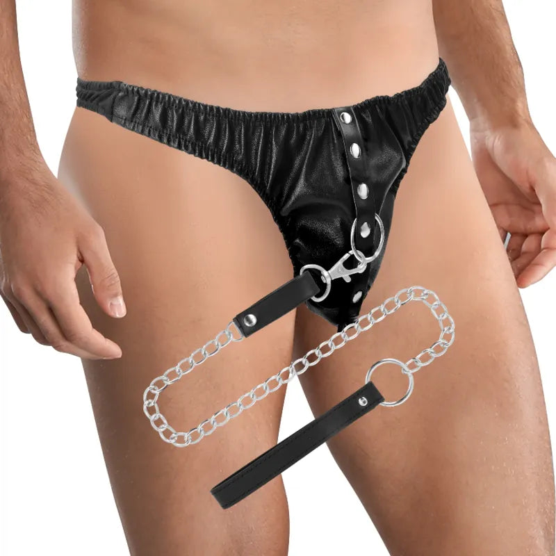 Bracelet BDSM cuir végétalien noir avec chaîne robuste en métal sans nickel, coutures élégantes, taille ajustable.