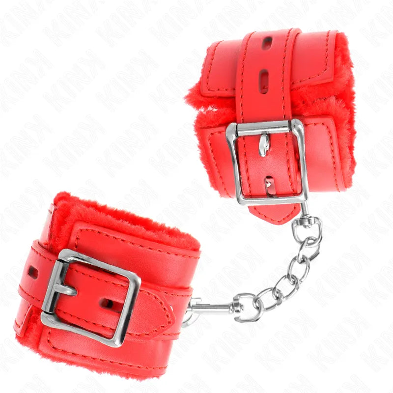 Bracelets BDSM en cuir rouge avec doublure douce, fermetures ajustables et chaîne métallique, luxe et confort.