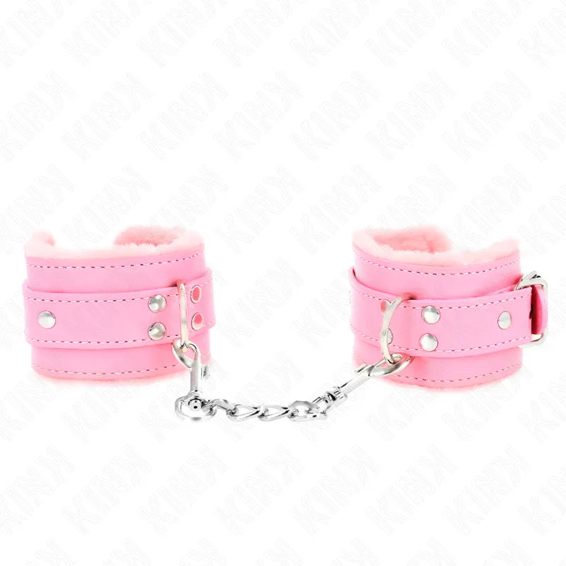 Bracelets BDSM en cuir rose avec doublure douce, chaîne métallique robuste, élégance et confort pour expérience sécurisée.