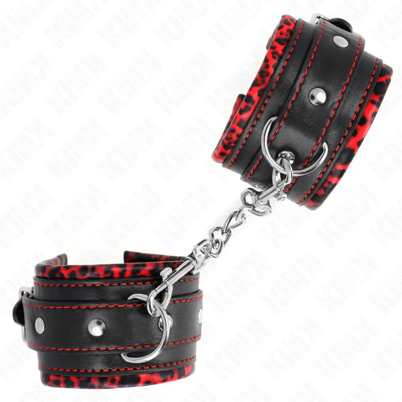 Bracelets BDSM en cuir végétalien noir et rouge, design luxueux, avec chaînes métalliques, confort premium.