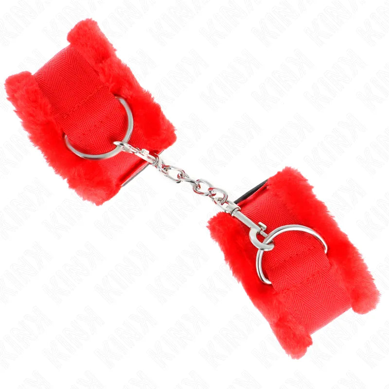 Bracelets BDSM rouges en cuir végétalien avec doublure douce, anneaux métalliques et chaîne de connexion, éthiques et dura...