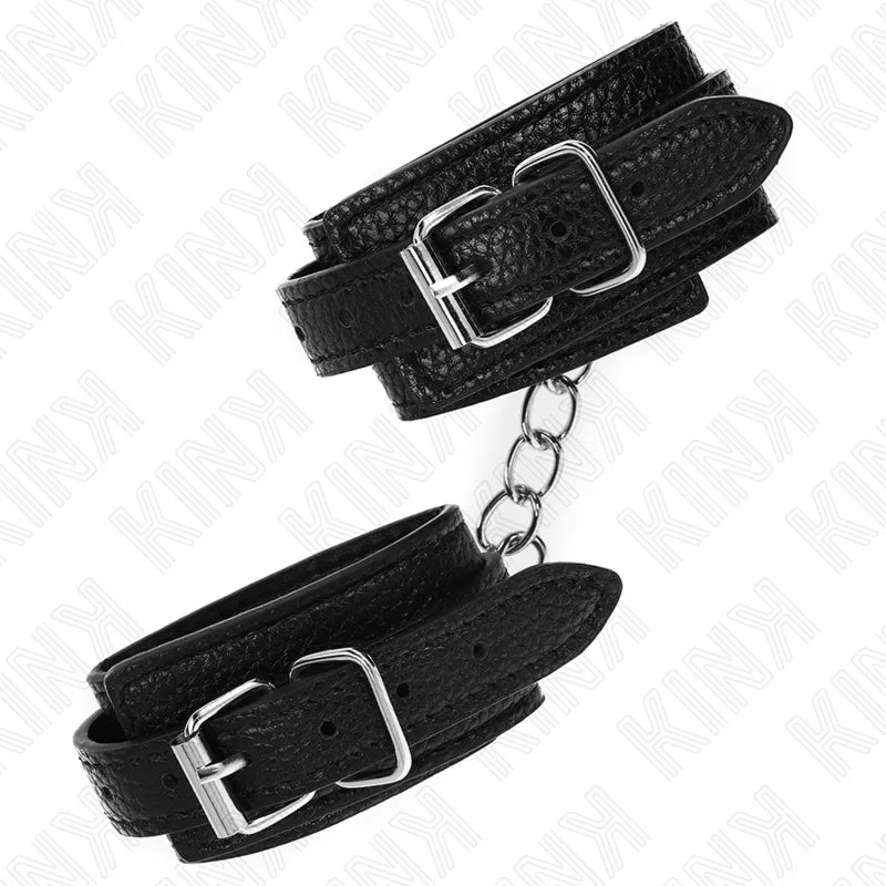 Bracelet BDSM en cuir noir ajustable avec boucles métalliques, design élégant et robuste pour séances intimes.