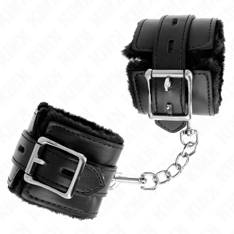 Bracelets BDSM en cuir noir véritable avec doublure douce, boucles métalliques et chaîne de connexion robuste.
