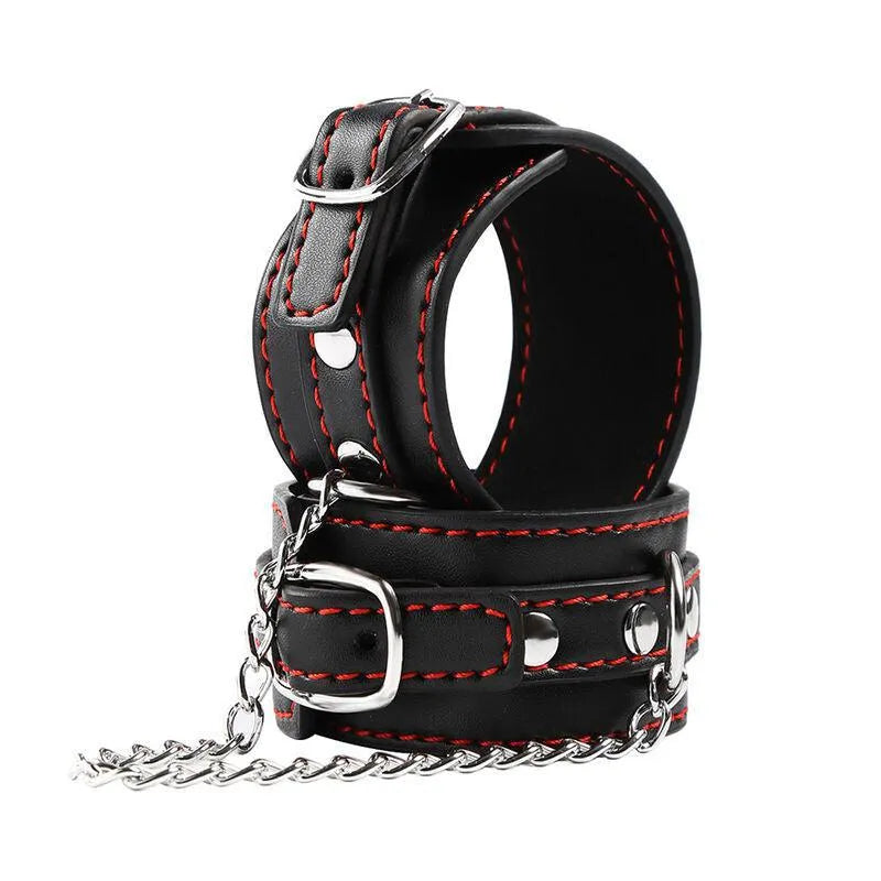 Bracelets BDSM en métal noir avec coutures rouges, réglables de 14 à 24 cm, chaîne argentée, robustes et élégants.