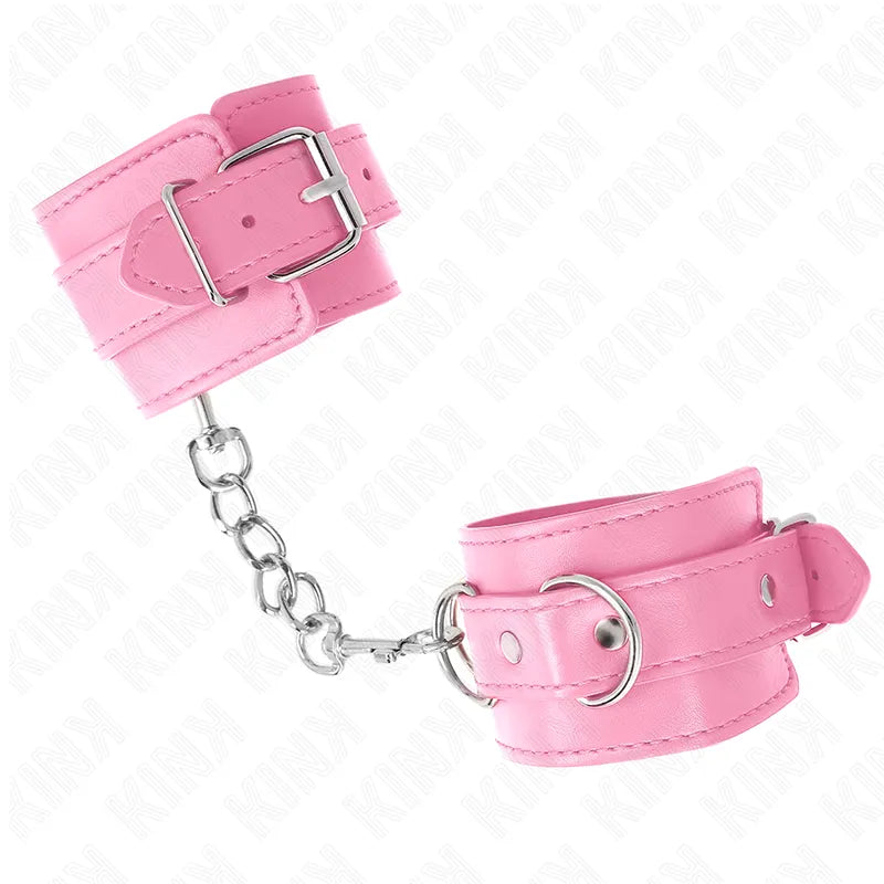Bracelets BDSM en cuir rose haut de gamme avec boucles métalliques et chaîne, élégance et confort pour expériences intenses.
