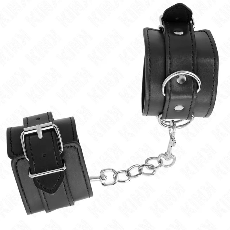 Bracelets BDSM en cuir noir avec boucles et chaîne, design élégant et robuste pour style et confort.