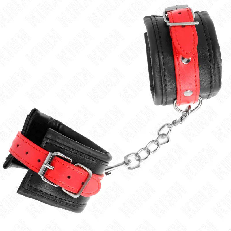 Bracelets BDSM en cuir noir et rouge, design élégant avec chaîne métallique, confort et qualité supérieure.