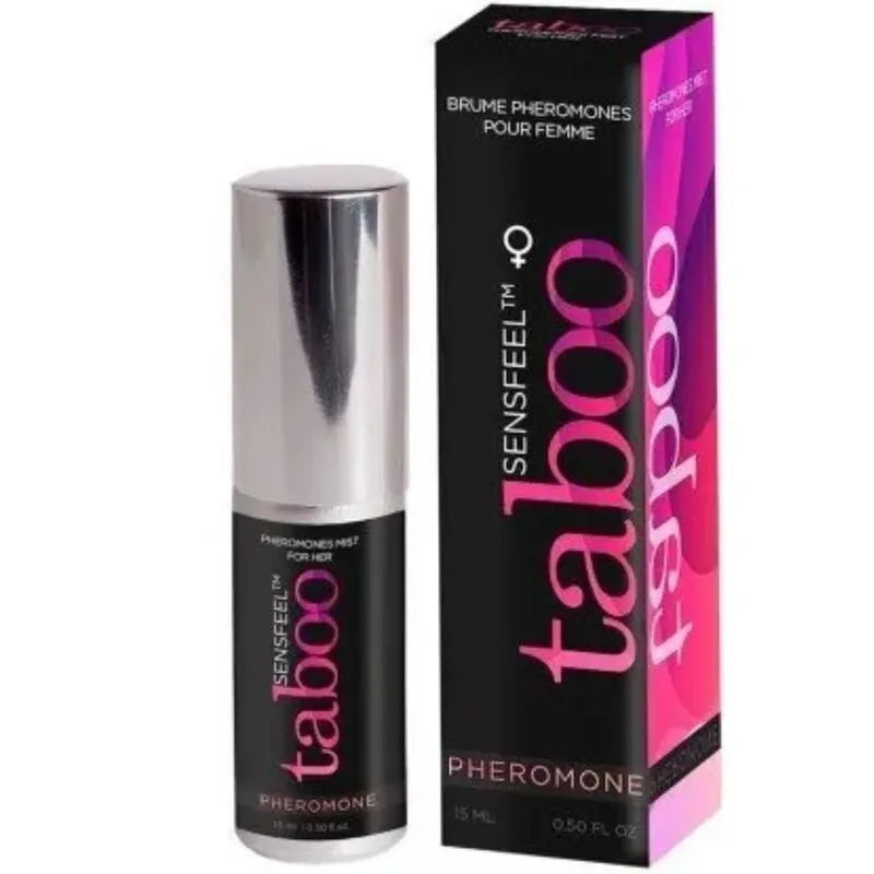 Flacon noir et argent de Brume Corporelle Phéromones Femme 15 ml, emballage rose et noir, séduction irrésistible.