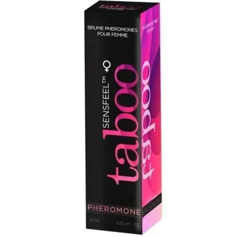 Brume corporelle phéromones femme 15 ml, flacon noir et rose, séduction, parfum neutre, fabriqué en France.