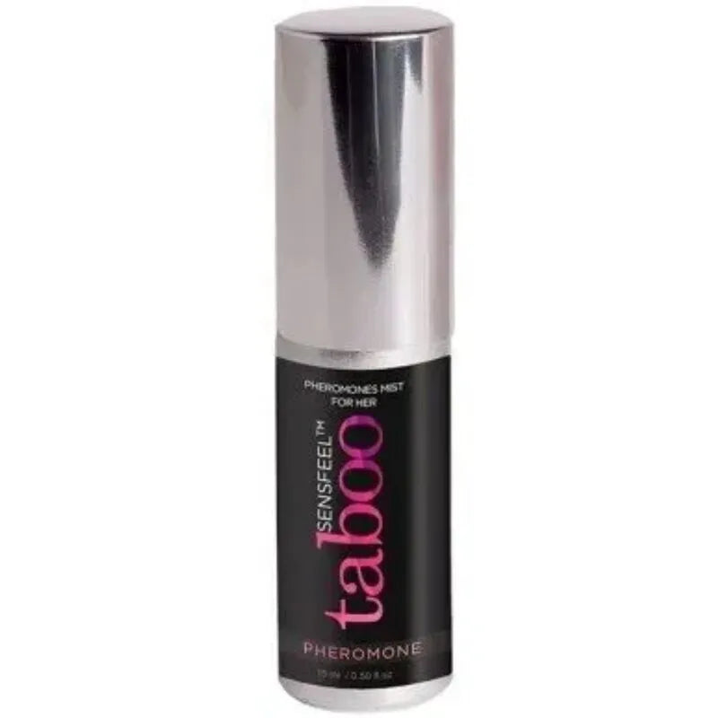 Flacon argenté et noir de Brume Corporelle Phéromones Femme 15 ml, design élégant, fabriqué en France par Ruf.