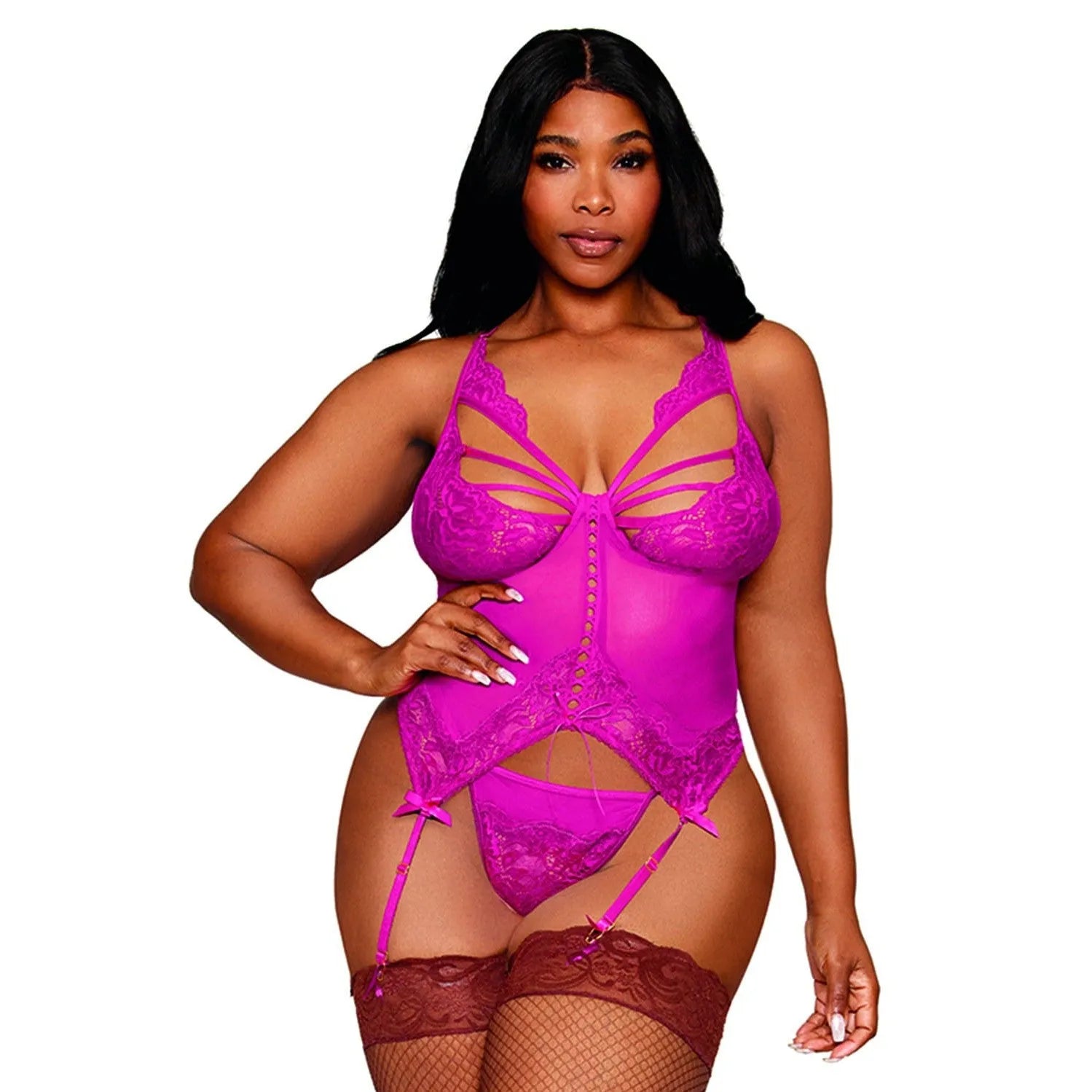 Bustier Porte-Jarretelles Grande Taille Rose En Résille