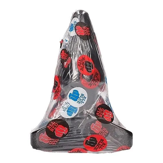 Buttplug anal conique noir en PVC, forme ergonomique, emballé sous plastique avec motifs colorés.