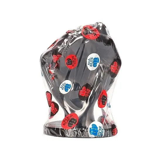 Buttplug noir en forme de poing, hypoallergénique et imperméable, emballé sous plastique transparent avec motifs colorés.