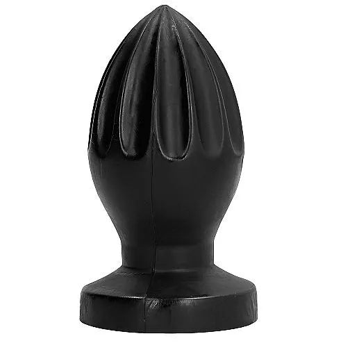 Buttplug noir rainuré en PVC hypoallergénique, forme conique, texture unique, dimensions 12x5 cm, fond plat.