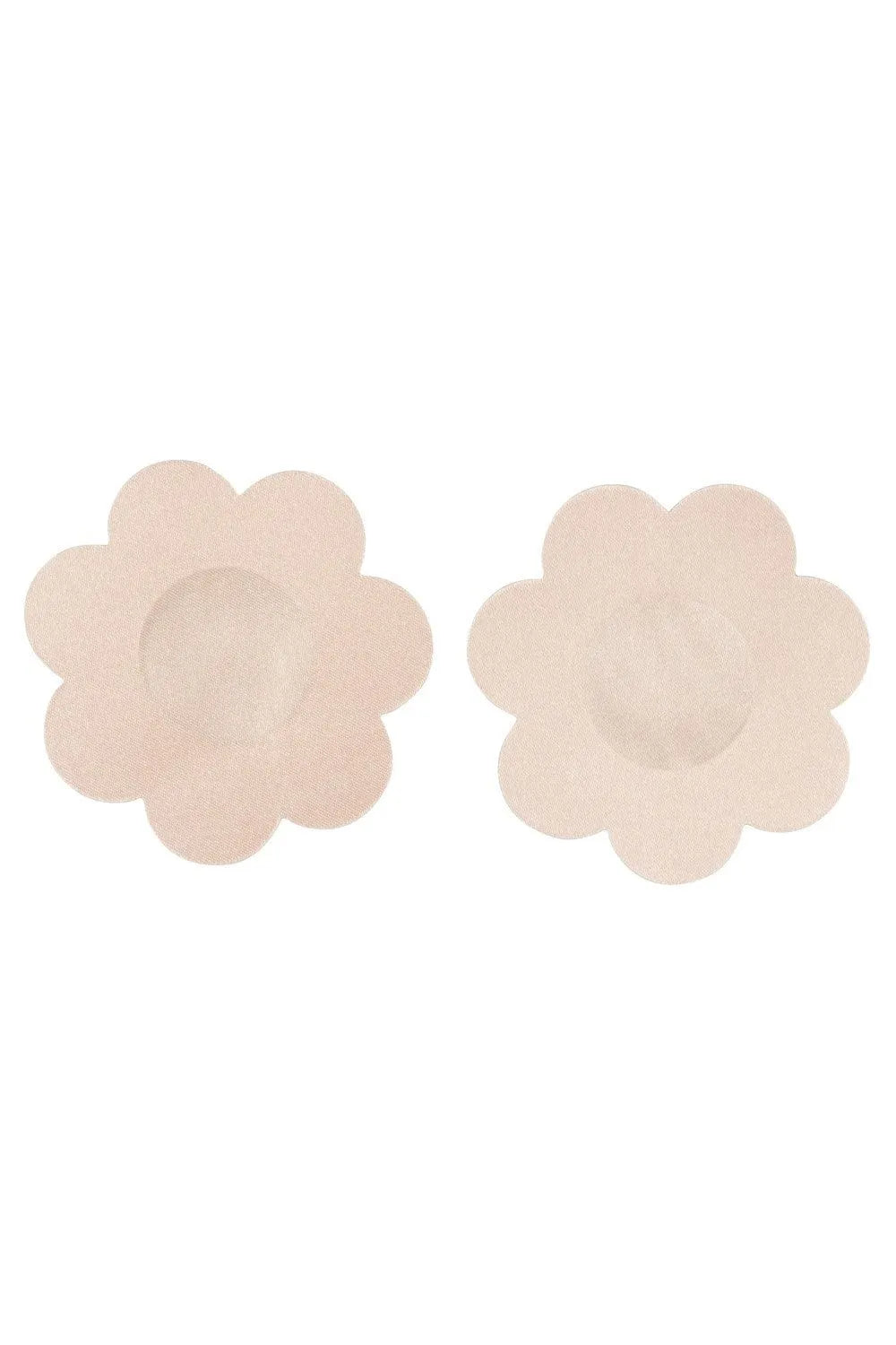 Cache tétons adhésifs en silicone beige, forme florale, discrets pour tenues moulantes ou transparentes.