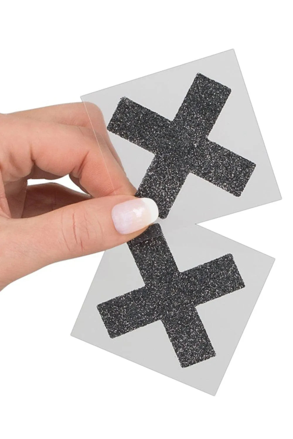 Cache-tétons adhésifs noirs scintillants en forme de croix, élégants et glamour, parfaits pour tenues audacieuses.