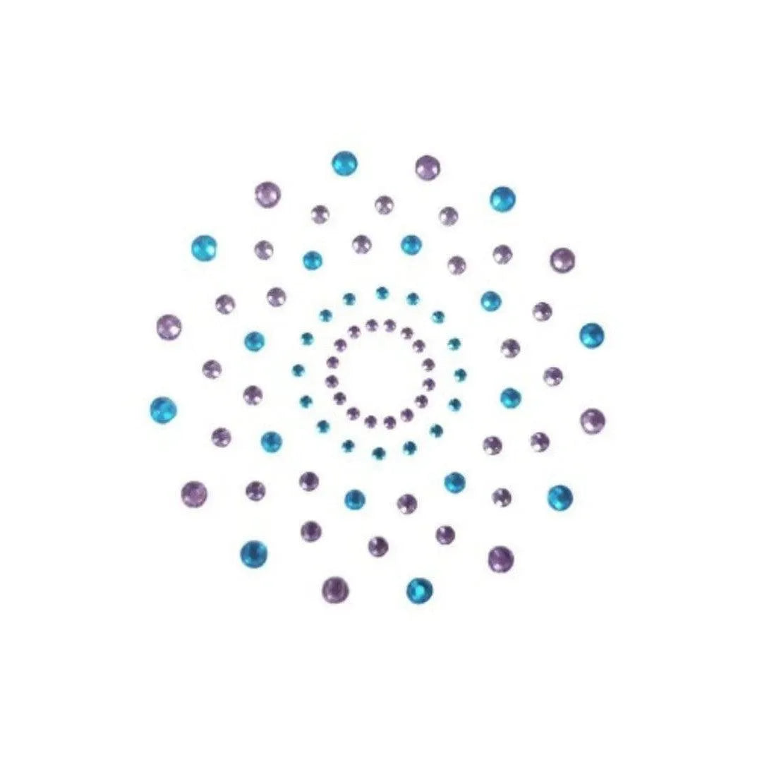 Cache-tétons adhésifs réutilisables en strass bleu et violet, design circulaire élégant et étincelant.