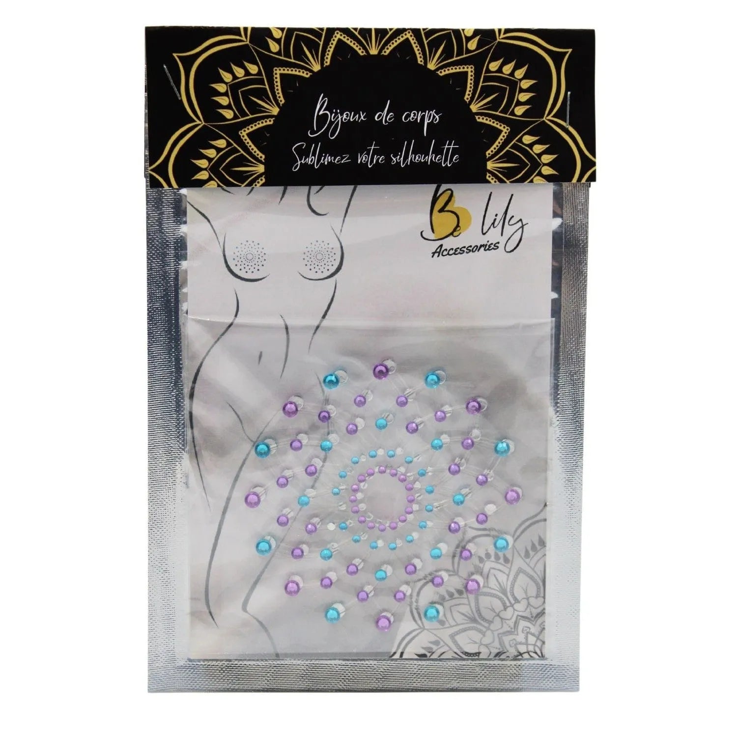 Cache-tétons adhésifs réutilisables ornés de strass bleu et violet, design étincelant, matériaux doux et durables.
