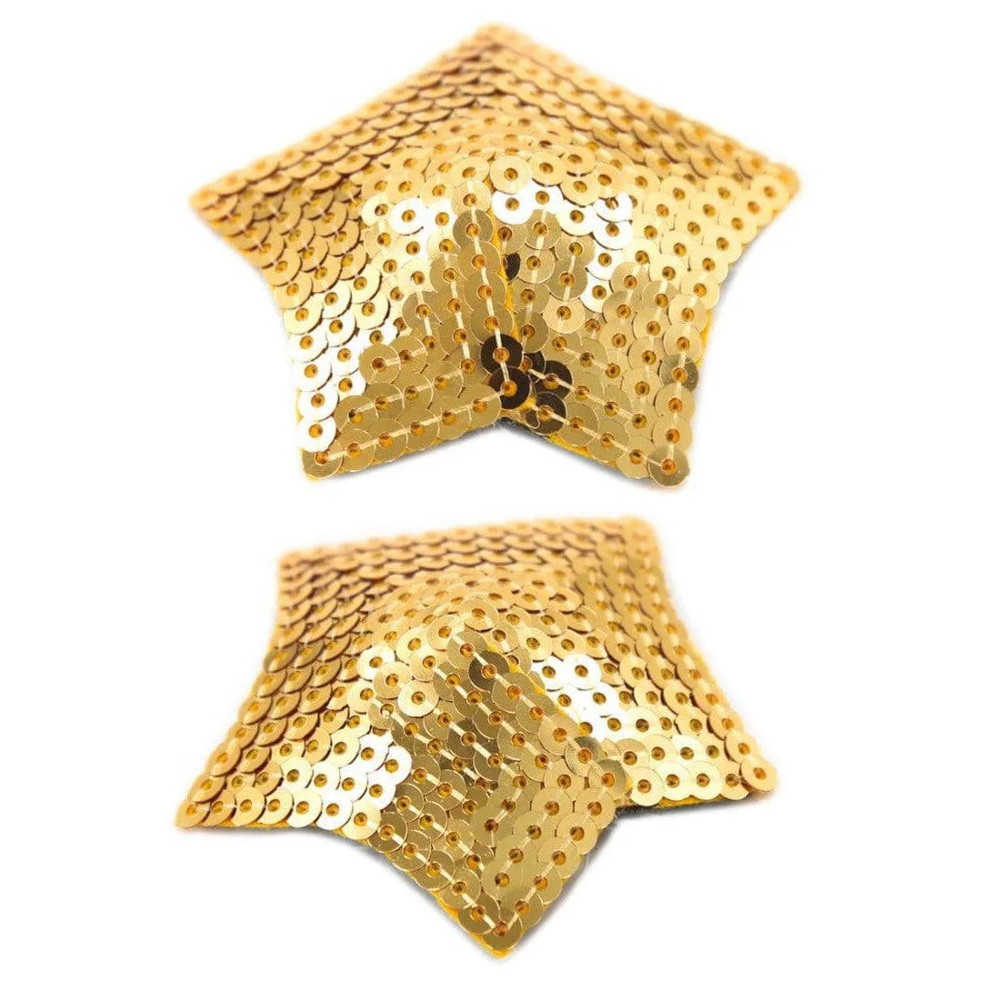 Cache-tétons étoile dorée en sequins brillants, accessoire mode élégant et réutilisable pour sublimer la poitrine.