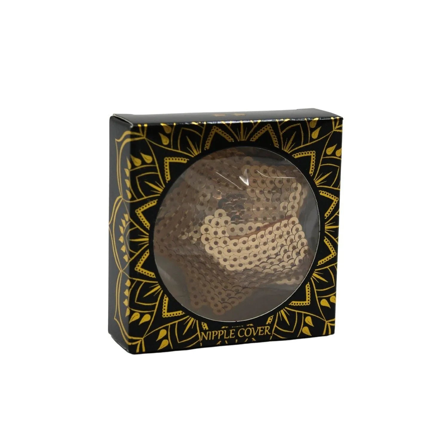 Cache-tétons étoile dorée à sequins dans boîte noire élégante, accessoire mode brillant et réutilisable.