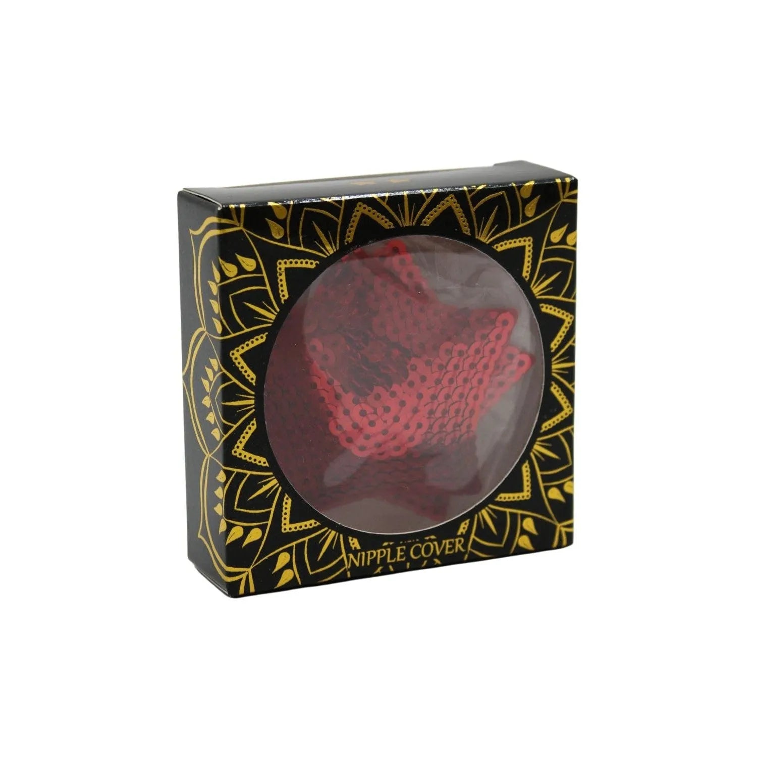 Cache-tétons étoile rouges à sequins brillants dans boîte noire décorative, élégance et glamour pour soirées.