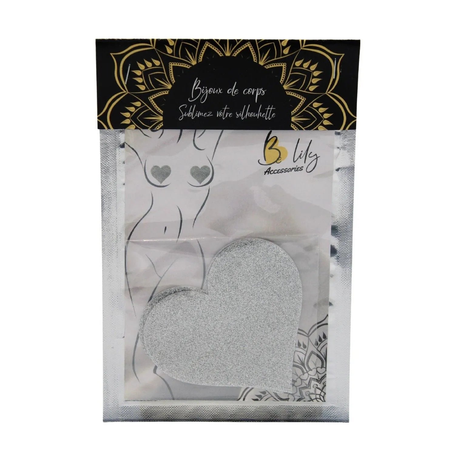 Cache-tétons cœur blanc pailleté, élégant et glamour, idéal pour sublimer la silhouette, en emballage chic.