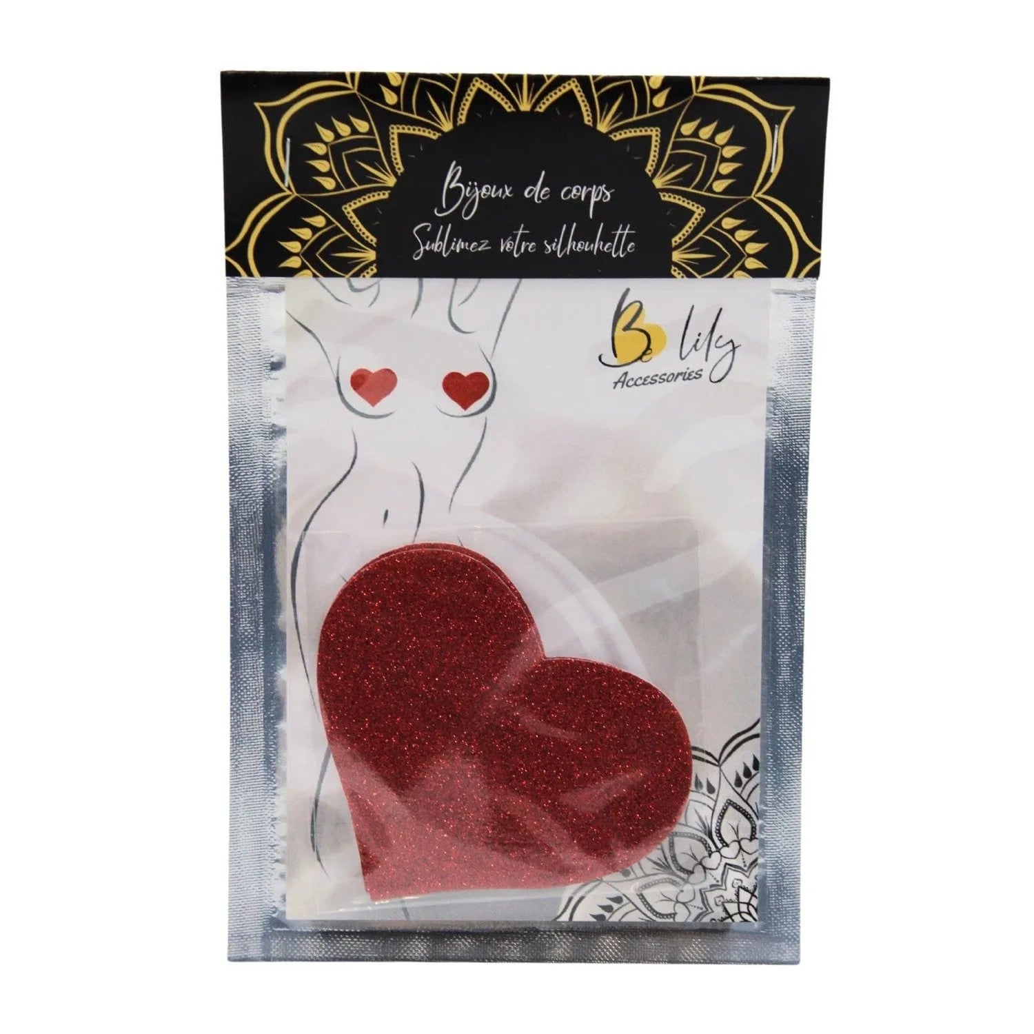 Cache-tétons cœur rouge pailleté, élégant et glamour, pour sublimer la silhouette avec brillance et discrétion.