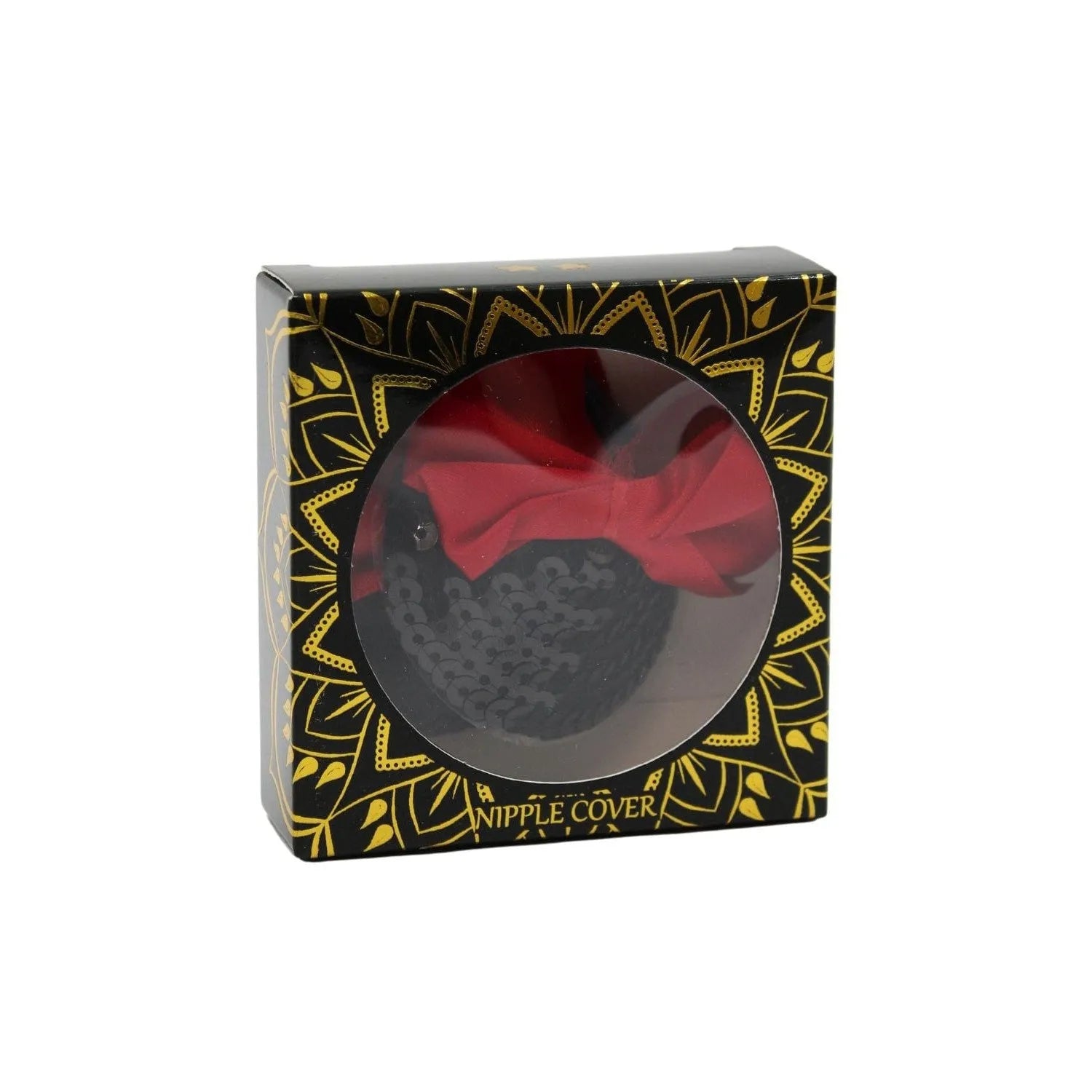 Cache tétons satin noir avec noeud rouge élégant, dans boîte décorative noire et dorée.
