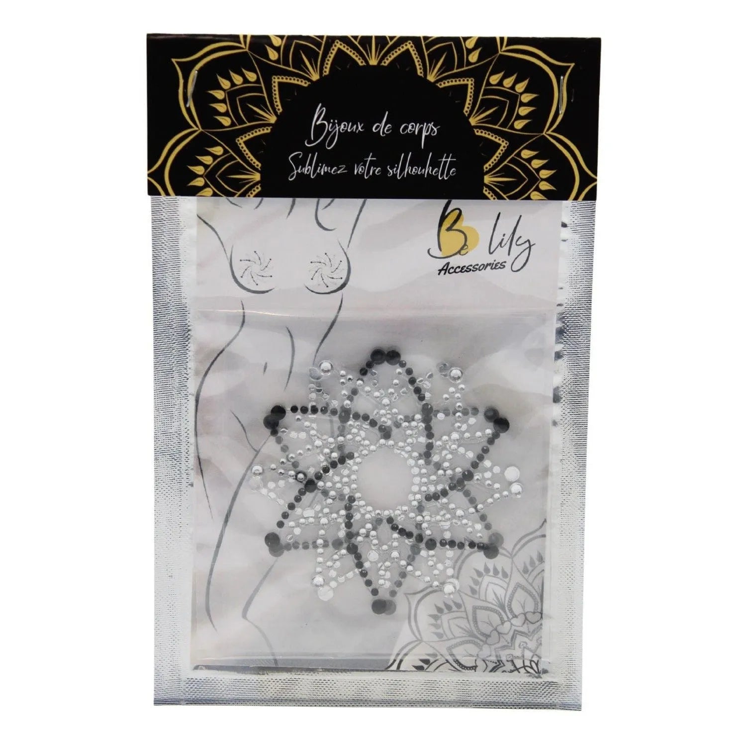 Cache-tétons étoile strass noir et blanc, réutilisables, en PETP et acrylique, élégants et scintillants dans un emballage.