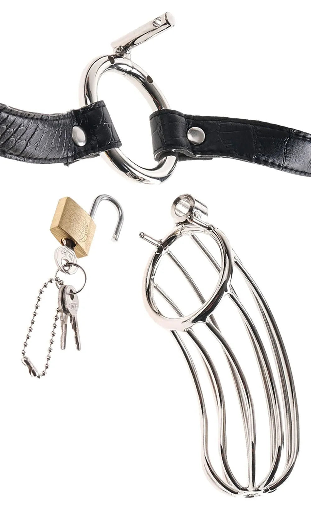 Cage à pénis en acier inoxydable poli, 15 cm, ceinture cuir motif serpent réglable, Ø intérieur 3,5 cm.