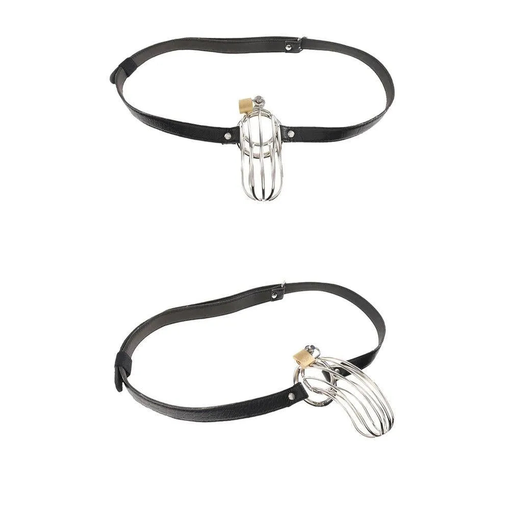 Cage à pénis en acier inoxydable poli avec ceinture en cuir motif serpent, longueur 15 cm, Ø intérieur 3,5 cm.
