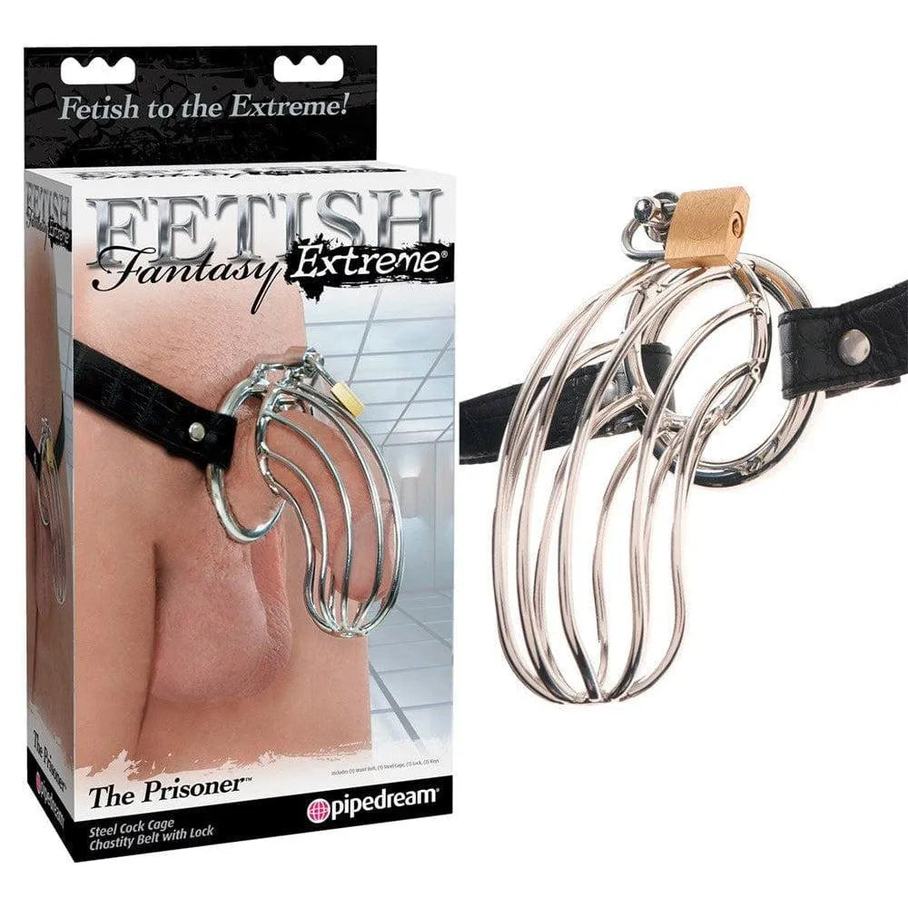 Cage à pénis en acier inoxydable poli, longueur 15 cm, Ø intérieur 3,5 cm, ceinture cuir motif serpent réglable.