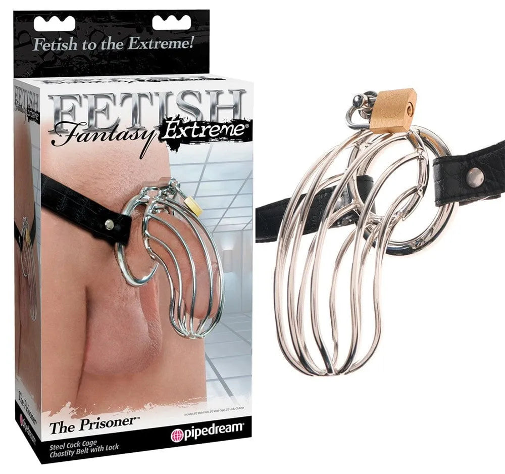 Cage à pénis en acier inoxydable poli, longueur 15 cm, Ø intérieur 3,5 cm, ceinture cuir motif serpent ajustable.