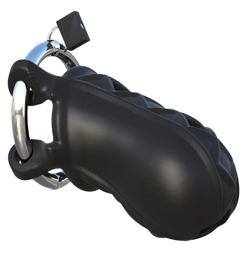 Cage de chasteté homme noire, design ergonomique, anneau réglable, cadenas inclus, longueur 9,5 cm.