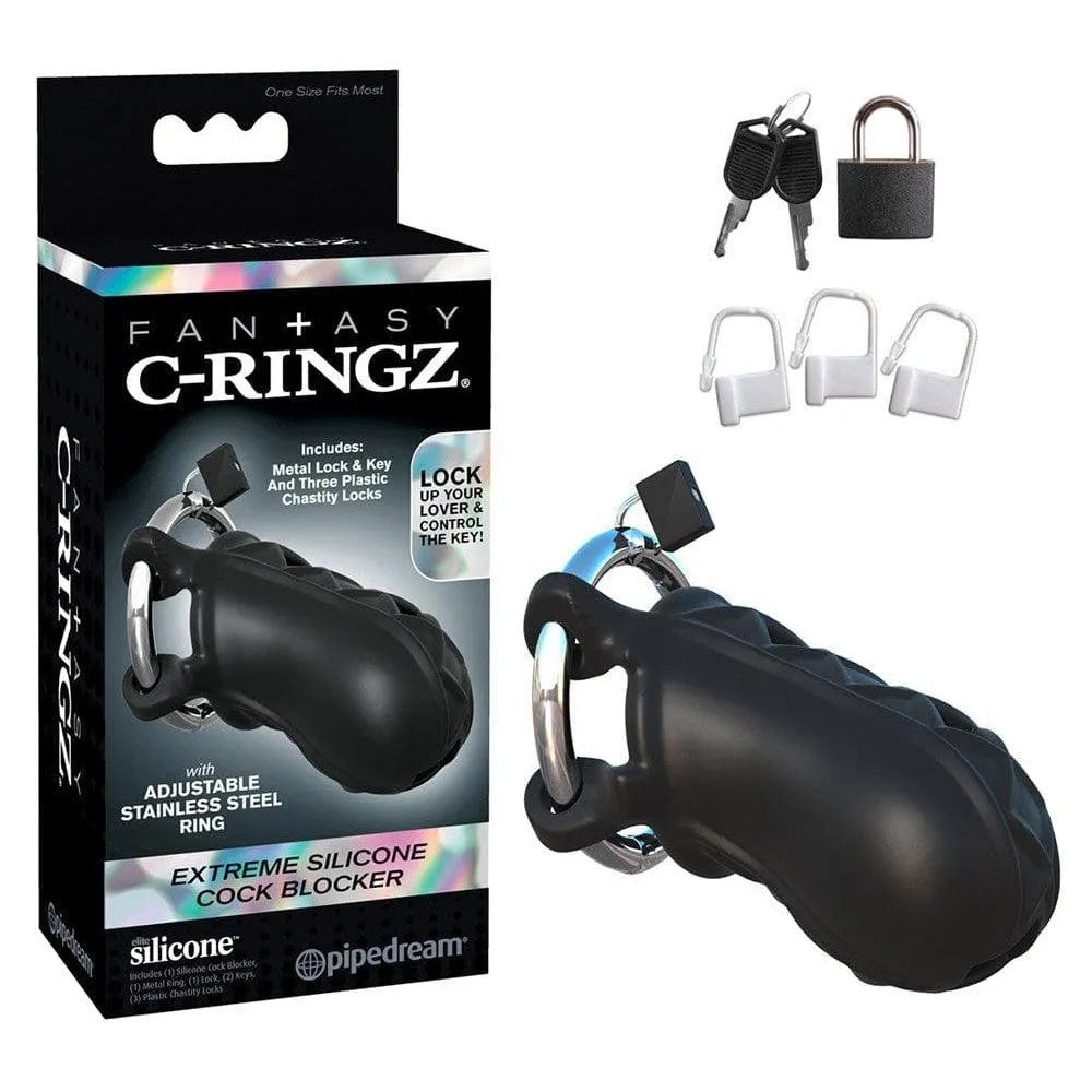 Cage de chasteté noire pour homme avec anneau réglable, cadenas inclus, sur fond blanc, emballage visible.