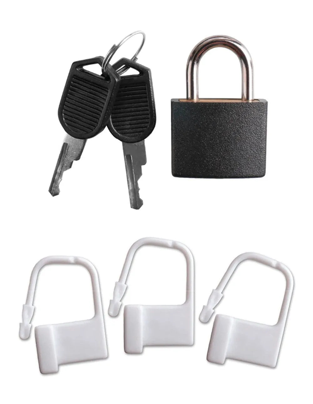 Cage de chasteté homme en métal avec anneau réglable, cadenas noir et trois cadenas plastiques blancs inclus.