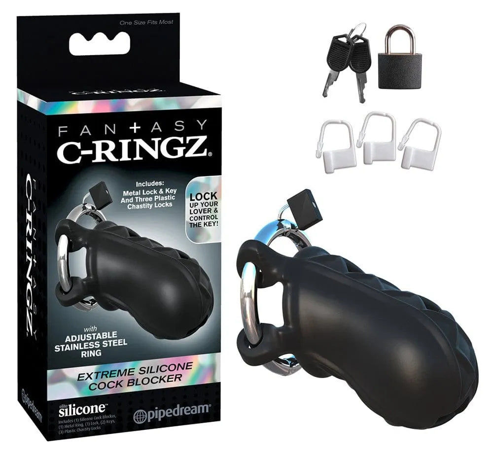 Cage de chasteté noire pour homme avec anneau réglable, cadenas inclus, sur fond blanc.