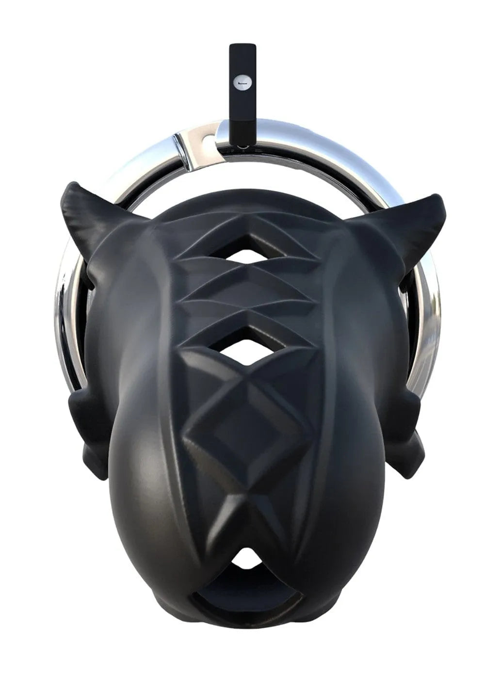 Cage chasteté homme noire, design ergonomique, anneau réglable, cadenas inclus, 9,5 cm, sextoys masculins.