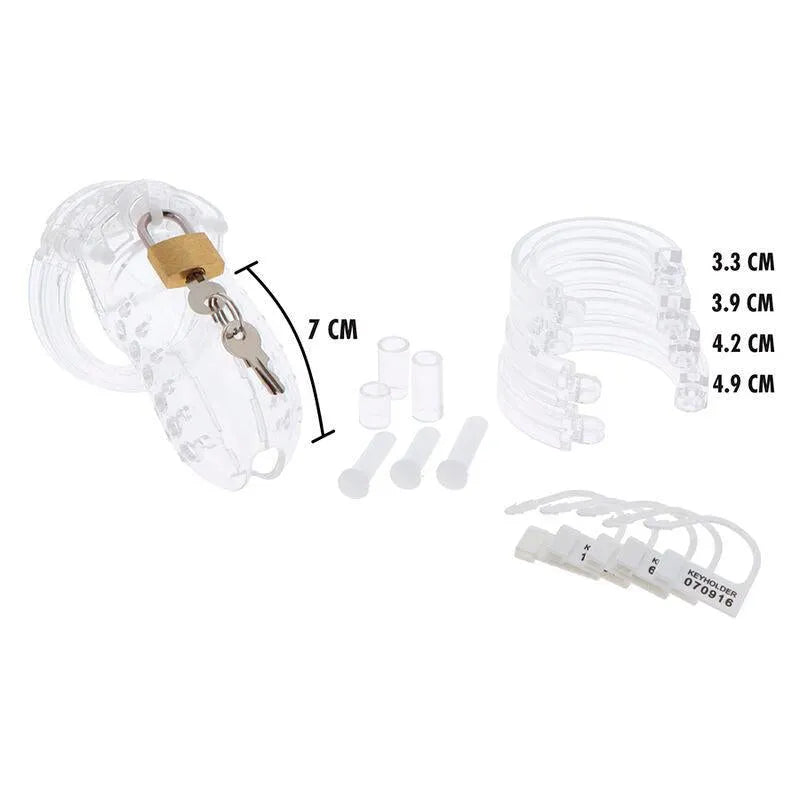 Cage de chasteté en acrylique transparent avec cadenas, anneaux de tailles variées et accessoires de verrouillage sécurisés.