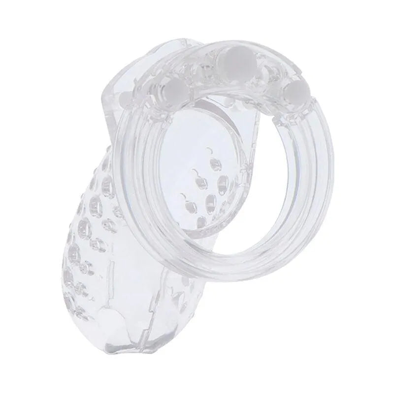Cage de chasteté en acrylique transparent, design sécurisé et ergonomique, avec mécanisme de verrouillage discret.