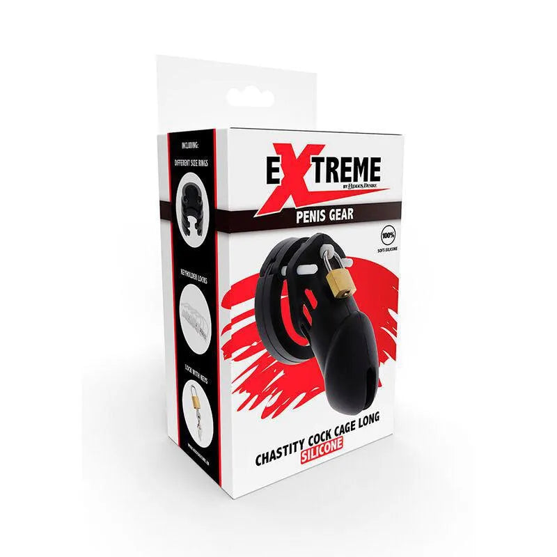 Cage de chasteté en silicone noir ajustable, avec verrou sécurisé, sur emballage blanc et rouge.