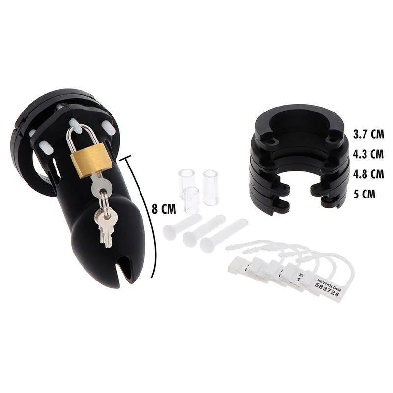 Cage de chasteté noire en silicone ajustable avec cadenas, clés, et anneaux de tailles variées pour confort et sécurité.