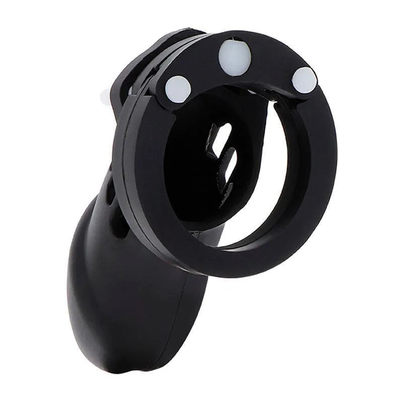 Cage de chasteté noire en silicone ajustable avec verrouillage sécurisé, design ergonomique pour confort quotidien.