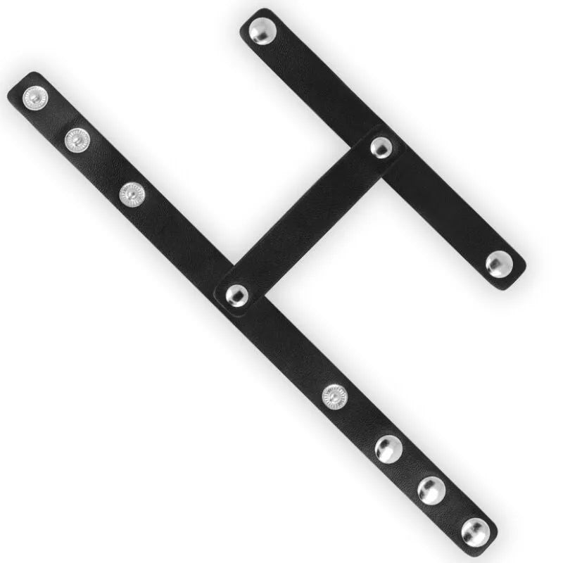 Cage testicules en cuir noir sans nickel, détails métalliques inoxydables, accessoire fétichiste sécurisé et confortable.